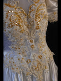 Women's Elegant High Neck Vintage With Sleeves Satin Wedding Dress for Bride Sweep Train Wedding Dresses HZ0311
