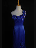 Retro 1950s Mermaid One Shoulder Royal Blue Satin With Flowers Slit Long Prom Dresses Inspo 22th Birthday Outfit Formal Dress HZ0311