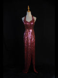 Vintage A Line Halter Burgundy Sequins 1950s With Slit Beaded Bodice Long Prom Dresses Inspo Birthday Outfit Formal Dress For Woman HZ0311