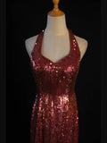 Vintage A Line Halter Burgundy Sequins 1950s With Slit Beaded Bodice Long Prom Dresses Inspo Birthday Outfit Formal Dress For Woman HZ0311