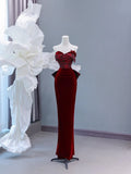 Chic Sheath Sweetheart Burgundy Velvet Long Prom Formal Fancy Evening Dresses Dinner Outfits Classy Party Gowns HZ0311