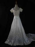 Retro 1950s Wedding Dresses for Bride Ball Gown V Neck With Short Beads Sleeves Lace Petite/Plus Size Bridal Gowns for Summer Wedding HZ0311