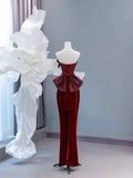 Chic Sheath Sweetheart Burgundy Velvet Long Prom Formal Fancy Evening Dresses Dinner Outfits Classy Party Gowns HZ0311