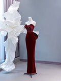 Chic Sheath Sweetheart Burgundy Velvet Long Prom Formal Fancy Evening Dresses Dinner Outfits Classy Party Gowns HZ0311