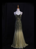 Vintage Mermaid Spaghetti Straps Olive Green Ombre Chiffon 80s With Beaded Bodice Long Prom Dresses Inspo Birthday Outfit Formal Dress For Women HZ0311
