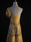 Retro 1950s A Line One Shoulder Yellow Chiffon With Silver Beads Long Prom Dresses Inspo 22th Birthday Outfit Formal Dress HZ0311