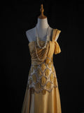 Retro 1950s A Line One Shoulder Yellow Chiffon With Silver Beads Long Prom Dresses Inspo 22th Birthday Outfit Formal Dress HZ0311