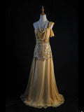 Retro 1950s A Line One Shoulder Yellow Chiffon With Silver Beads Long Prom Dresses Inspo 22th Birthday Outfit Formal Dress HZ0311