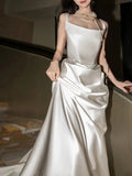 Simple Long Wedding Dresses White Mermaid Satin Pleats Wedding Dress Silky Satin Style For Brides Fitted Bridal Gowns HZ0311
