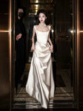 Simple Long Wedding Dresses White Mermaid Satin Pleats Wedding Dress Silky Satin Style For Brides Fitted Bridal Gowns HZ0311