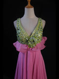 Vintage A Line V Neck Green Tops Chiffon Pink 80s With Beaded Bodice Long Prom Dresses Inspo Birthday Outfit Formal Dress For Women HZ0311