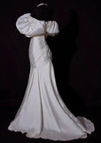 Classic Long Wedding Gowns Mermaid Off The Shoulder Satin Style for Bride With Pleated Bodice Train White Bridal Dress HZ0311