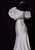 Classic Long Wedding Gowns Mermaid Off The Shoulder Satin Style for Bride With Pleated Bodice Train White Bridal Dress HZ0311
