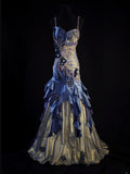 Vintage Mermaid Spaghetti Straps Royal Blue Satin Silver Satin 70s With Beads Long Prom Max Dresses Inspo 18th Birthday Outfit Formal Dress For Women HZ0311