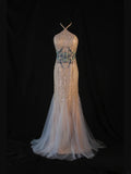 Vintage Mermaid Champagne Halter 70s With Beads Long Prom Max Dresses Inspo 18th Birthday Outfit Formal Dress For Women HZ0311
