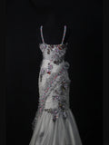 Vintage Mermaid Spaghetti Straps Silver Gray Tulle 70s With Beads Long Prom Max Dresses Inspo 18th Birthday Outfit Formal Dress For Women HZ0311