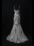 Vintage Mermaid Spaghetti Straps Silver Gray Tulle 70s With Beads Long Prom Max Dresses Inspo 18th Birthday Outfit Formal Dress For Women HZ0311