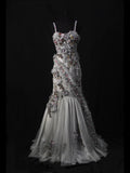 Vintage Mermaid Spaghetti Straps Silver Gray Tulle 70s With Beads Long Prom Max Dresses Inspo 18th Birthday Outfit Formal Dress For Women HZ0311