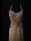 Vintage Mermaid Halter Gold Chiffon Backless 70s With Beads Long Prom Max Dresses Inspo 18th Birthday Outfit Formal Dress For Women HZ0311