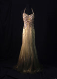 Vintage Mermaid Halter Gold Chiffon Backless 70s With Beads Long Prom Max Dresses Inspo 18th Birthday Outfit Formal Dress For Women HZ0311