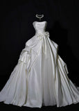 Princess Long Wedding Gowns Ball Gown Strapless Sleeveless Satin for Bride With Pleated Bow-knot Train White Bridal Dress HZ0311