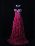 Vintage A Line Sweetheart Hot Pink Tulle 1950s With Ruffled Layered Bodice Long Prom Dresses Inspo 18th Birthday Outfit Formal Gown HZ0311