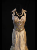 Retro 80s Mermaid Halter Champagne Tulle With Sequins Long Prom Dresses Inspo 22th Birthday Outfit Formal Dress HZ0311
