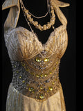 Retro 80s Mermaid Halter Champagne Tulle With Sequins Long Prom Dresses Inspo 22th Birthday Outfit Formal Dress HZ0311
