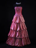 Retro 80s Ball Gown Strapless Pink Satin With Beadings Long Prom Dresses Inspo 22th Birthday Outfit Formal Dress HZ0311