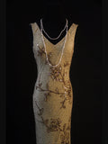 Vintage Mermaid V Neck Gold Sequins 1950s With Beads Bodice Long Prom Dresses Inspo 18th Birthday Outfit Formal Gown HZ0311
