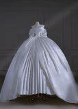 Princess Long Wedding Gowns Ball Gown Strapless Short Sleeves Satin for Bride With Sleeves Pleated Train White Bridal Dress HZ0311