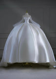 Princess Long Wedding Gowns Ball Gown High Neck Long Sleeves Pleated Satin for Bride With Train White Bridal Dress HZ0311