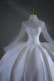 Princess Long Wedding Gowns Ball Gown High Neck Long Sleeves Pleated Satin for Bride With Train White Bridal Dress HZ0311