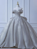 Modest Long Wedding Dresses Ball Gown Off The Shoulder Sequin Style For Bride With Pleated Bodice Train Bridal Dresses HZ0311