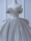 Modest Long Wedding Dresses Ball Gown Off The Shoulder Sequin Style For Bride With Pleated Bodice Train Bridal Dresses HZ0311