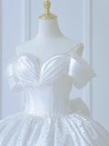 Modest Long Wedding Dresses Ball Gown Off The Shoulder White Satin Style For Bride With Pleated Bodice Train Bridal Dresses HZ0311