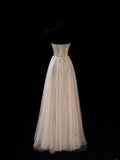 Elegant A line Strapless Champagne Tulle Lace Long Formal Fancy Evening Dresses Dinner Outfits Classy Party Gowns HZ0311
