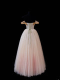 Elegant Ball Gown Off The Shoulder Blush Pink Tulle Lace Long Formal Fancy Evening Dresses Dinner Outfits Classy Party Gowns HZ0311