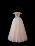 Elegant Ball Gown Off The Shoulder Blush Pink Tulle Lace Long Formal Fancy Evening Dresses Dinner Outfits Classy Party Gowns HZ0311
