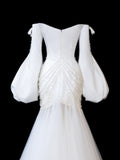 Timeless Women's Mermaid Off The Shoulder Long Sleeves White Satin With Beads Fitted Long Vintage 1920s Wedding Dresses HZ0311