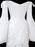 Timeless Women's Mermaid Off The Shoulder Long Sleeves White Satin With Beads Fitted Long Vintage 1920s Wedding Dresses HZ0311