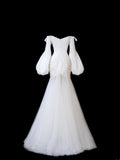 Timeless Women's Mermaid Off The Shoulder Long Sleeves White Satin With Beads Fitted Long Vintage 1920s Wedding Dresses HZ0311