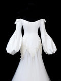 Timeless Women's Mermaid Off The Shoulder Long Sleeves White Satin With Beads Fitted Long Vintage 1920s Wedding Dresses HZ0311