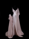 Chic Formal Mermaid Spaghetti Strap Pink Satin With Slit Cape Style Impress Long Prom Dresses Party Gowns HZ0311