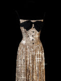 Elegant A line Spaghetti Straps Sequins Gold Long Formal Fancy Evening Dresses Dinner Outfits Classy Party Gowns HZ0311