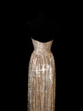 Elegant A line Spaghetti Straps Sequins Gold Long Formal Fancy Evening Dresses Dinner Outfits Classy Party Gowns HZ0311