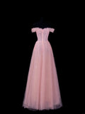 Elegant A line Off The Shoulder Pink Tulle Long Formal Fancy Evening Dresses Dinner Outfits Classy Party Gowns HZ0311