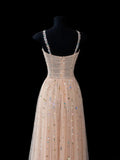 Elegant A line Spaghetti Straps Champagne Tulle Long Formal Fancy Evening Dresses Dinner Outfits Classy Party Gowns HZ0311