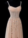 Elegant A line Spaghetti Straps Champagne Tulle Long Formal Fancy Evening Dresses Dinner Outfits Classy Party Gowns HZ0311