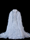 Timeless Women's Mermaid Off The Shoulder Long Sleeves Light Sky Blue With Beads Fitted Long Vintage 1920s Wedding Dresses HZ0311